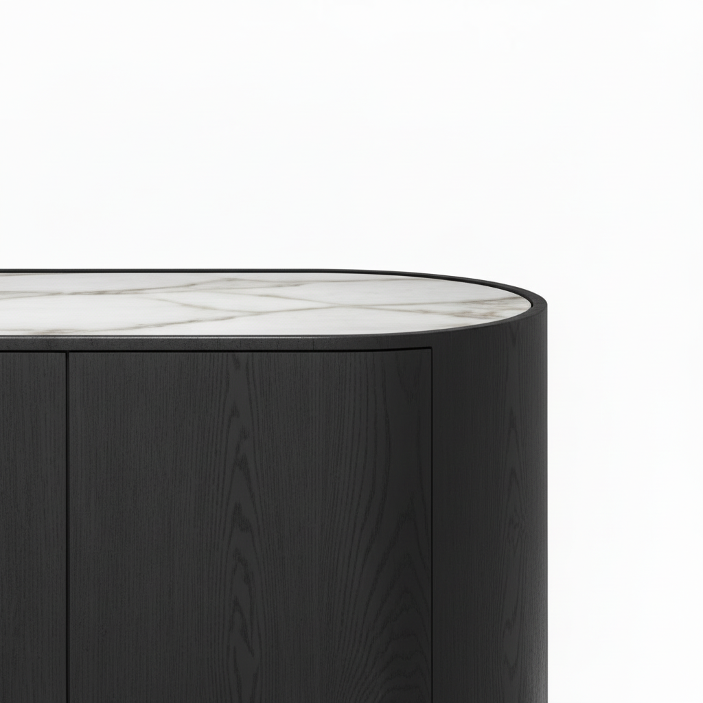 Galian Sideboard close-up of the natural marble top veining and rounded stone edge.