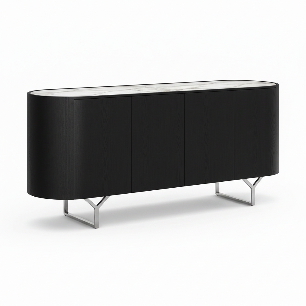 Galian Sideboard left side view showing the rounded black cabinet, marble top, and stainless steel legs on a white background.