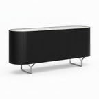 Galian Sideboard left side view showing the rounded black cabinet, marble top, and stainless steel legs on a white background.
