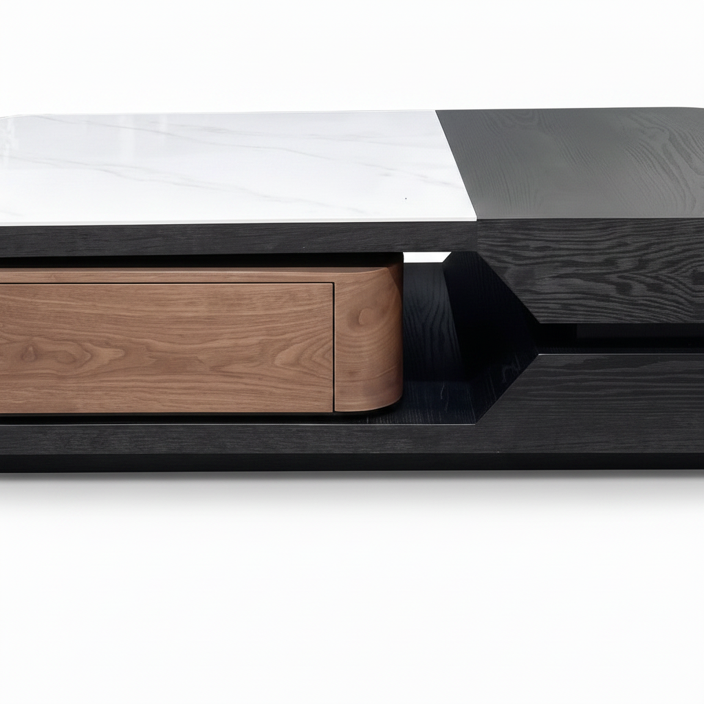 Gavrielle Coffee Table wood drawer and black base detail