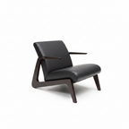 Gervano Leather Accent Chair with leather upholstery, a padded backrest, and curved armrests on a white background.