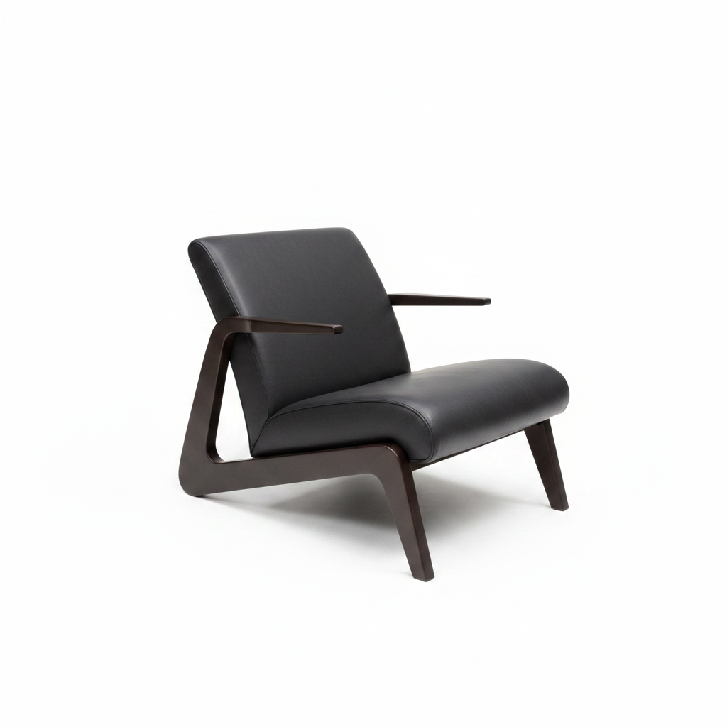 Gervano Leather Accent Chair with leather upholstery, a padded backrest, and curved armrests on a white background.