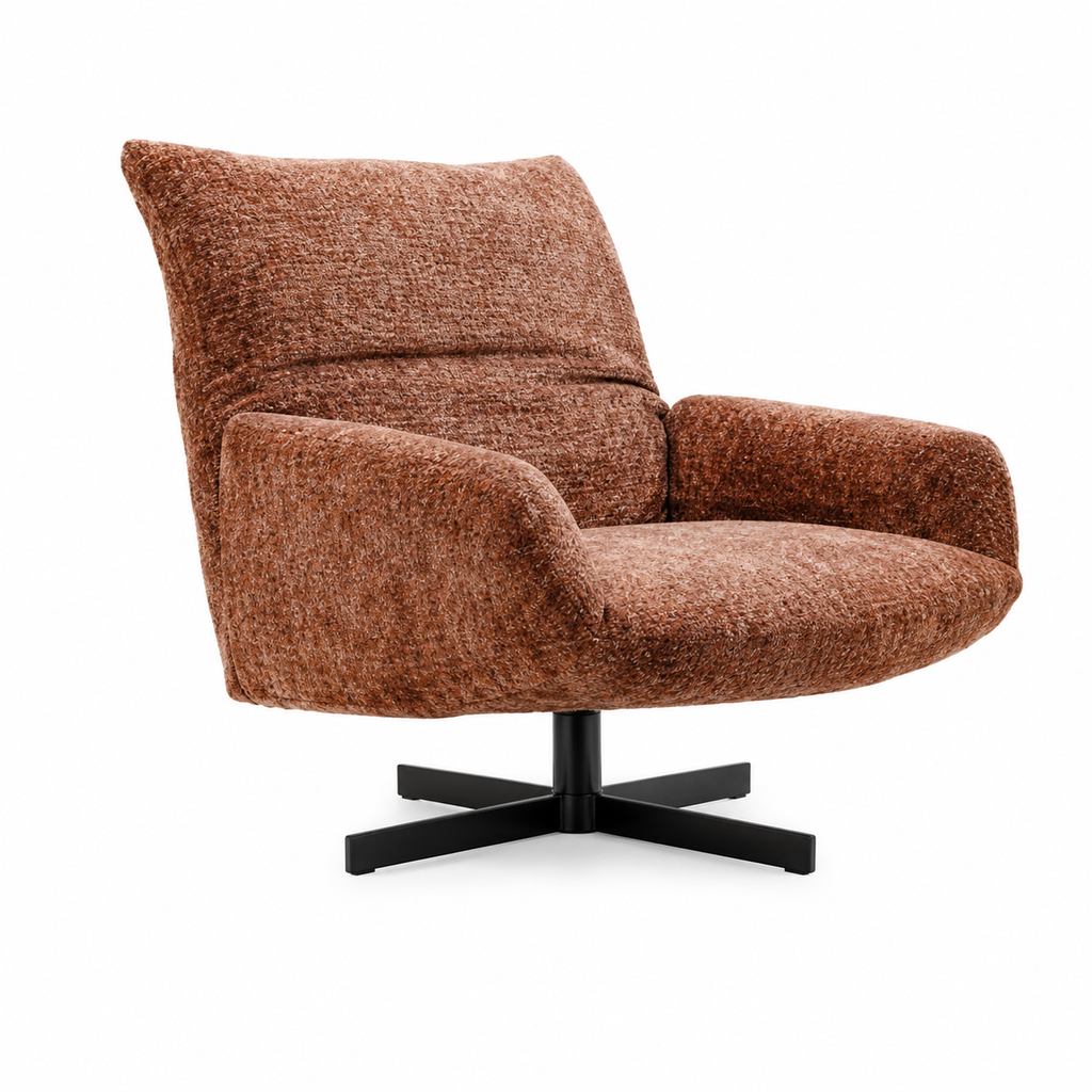 textured fabric upholstery and a black star-shaped swivel base on a white background.