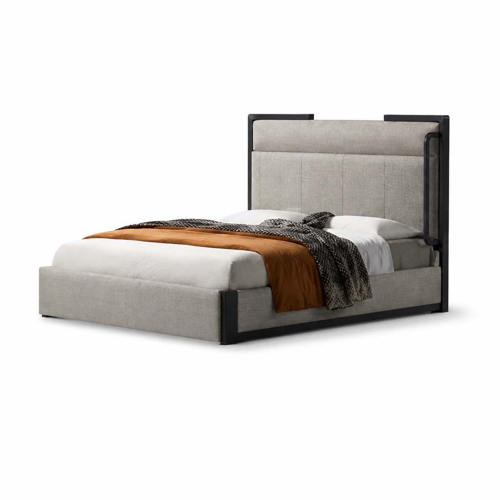Gildenne Bed three-quarter view with footboard left foreground and headboard right background on a white background