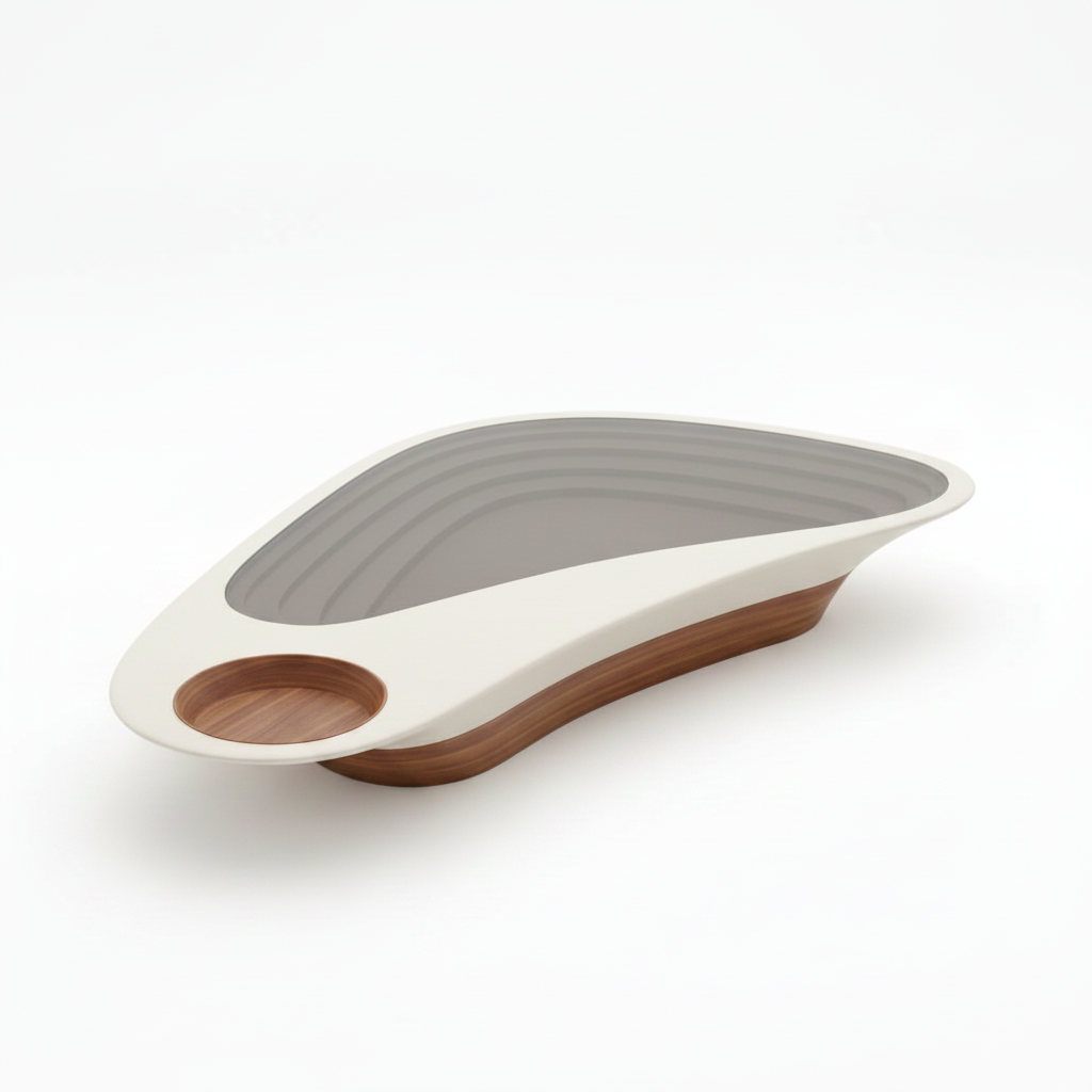 Halvessa coffee table in an elevated angled view showing its curved oval form