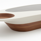 Halvessa coffee table curved wood base and white rim connection detail