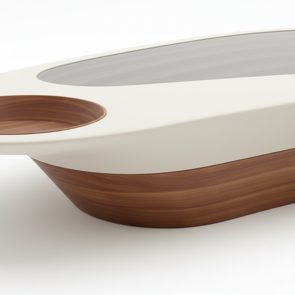 Halvessa coffee table curved wood base and white rim connection detail