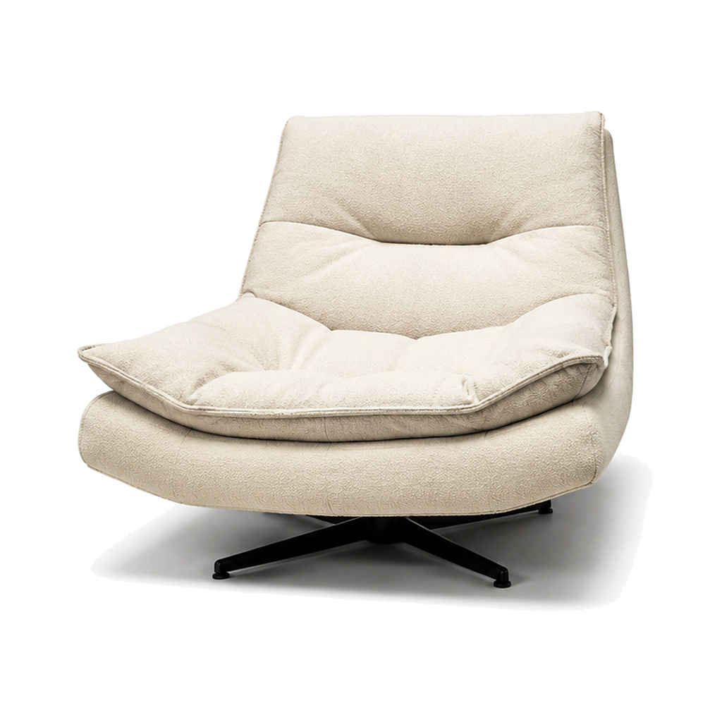 Hesperelle Leather Accent Chair with leather upholstery, a cushioned backrest, curved arms, and a black metal base on a white background.