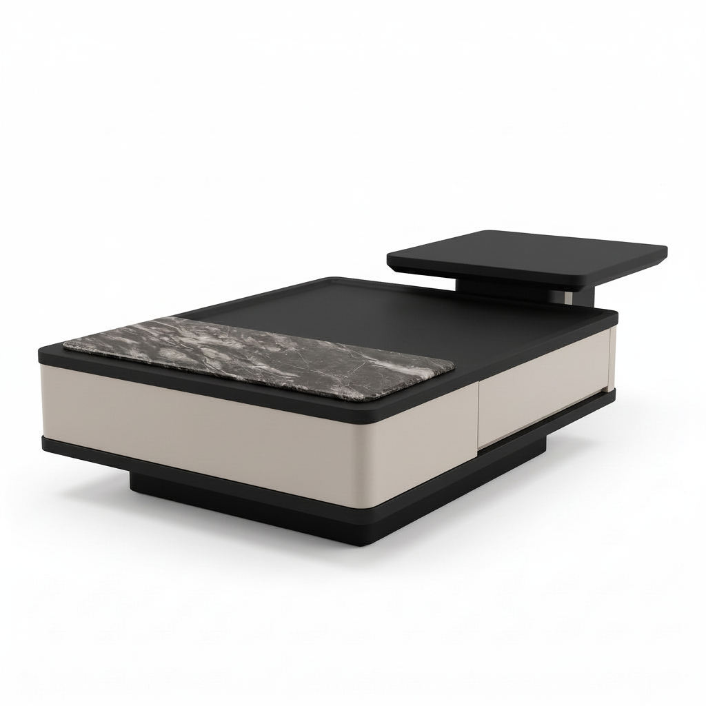 Ilaroque Coffee Table, left-near right-far 45-degree view with ivory panels and black raised shelf