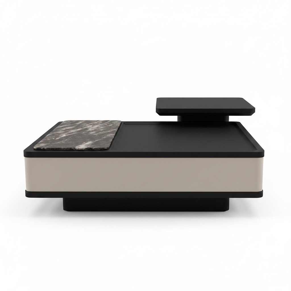 Ilaroque Coffee Table, straight-on front view with ivory body, black top, stone inset and raised shelf