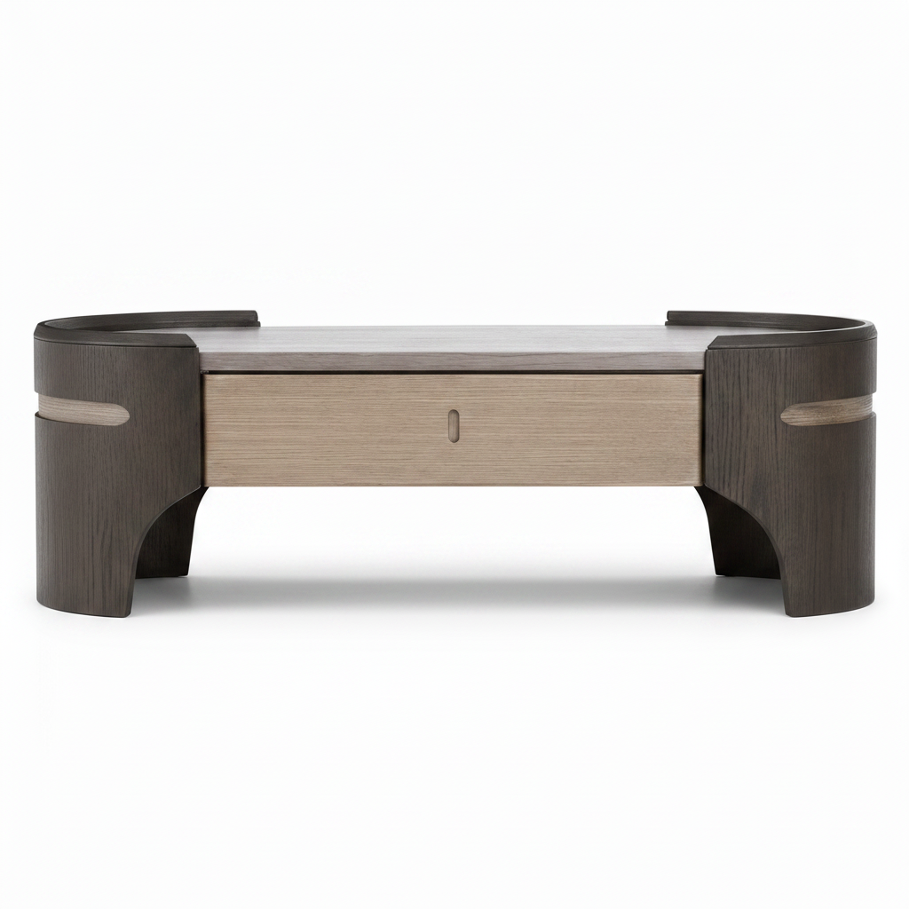 Iveronne Coffee Table straight front view in dark wood veneer with light wood drawer and rounded ends on white background