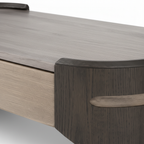 Iveronne Coffee Table tabletop wood veneer, rounded edge and contrasting light wood detail close-up