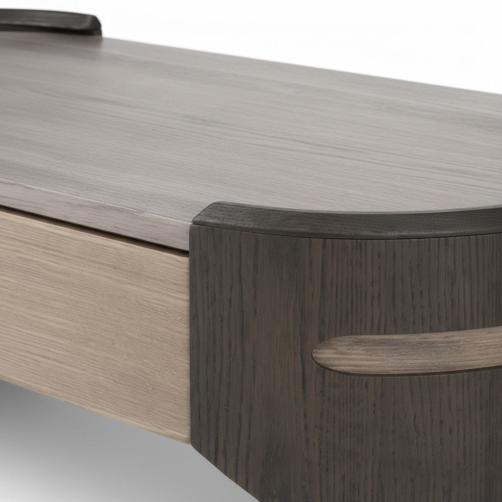 Iveronne Coffee Table tabletop wood veneer, rounded edge and contrasting light wood detail close-up