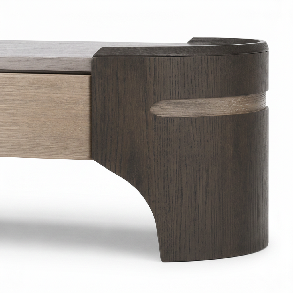 Iveronne Coffee Table rounded wood support, curved base and contrasting detail close-up