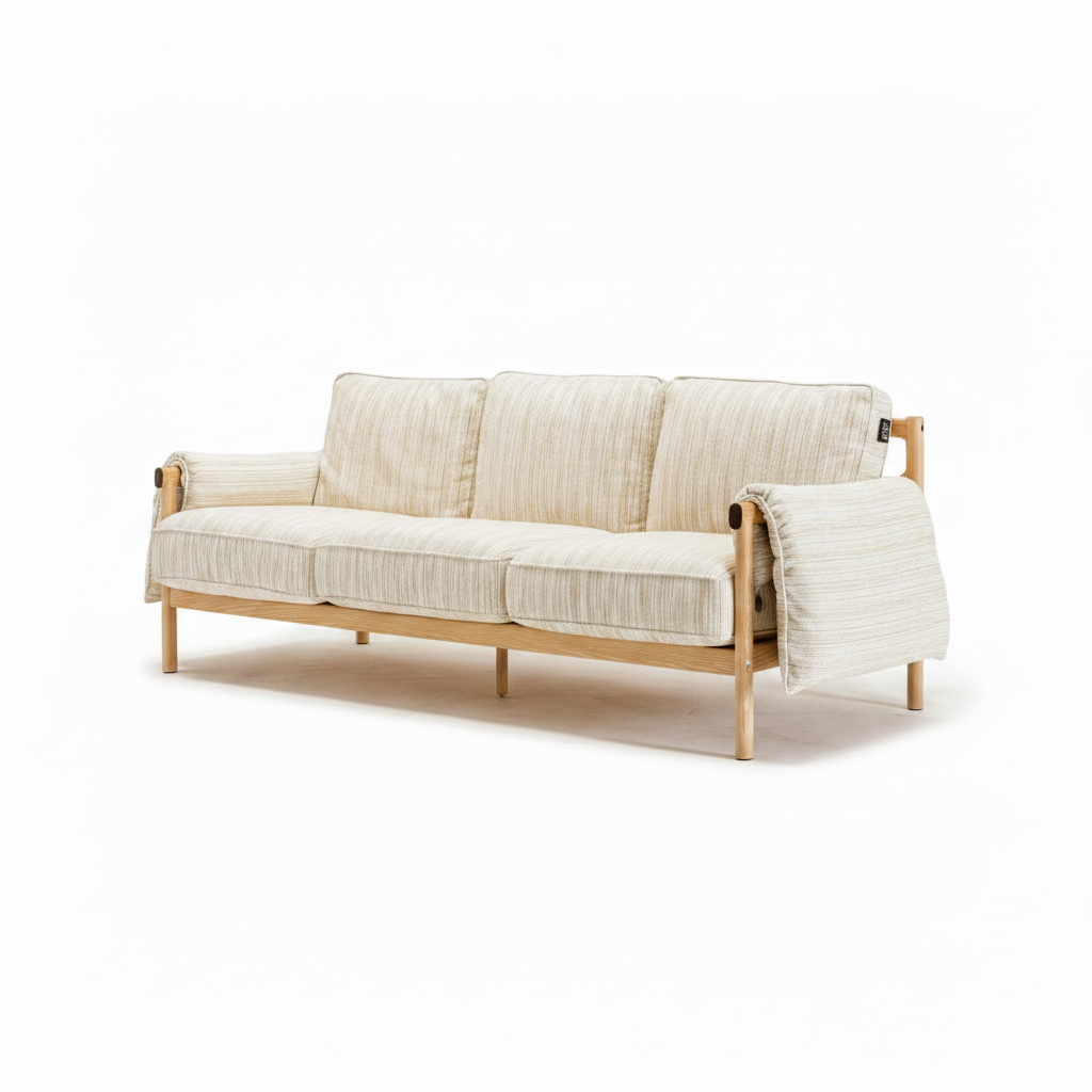Jovarin Wood Sofa in ivory fabric and wood, right-front 45-degree view
