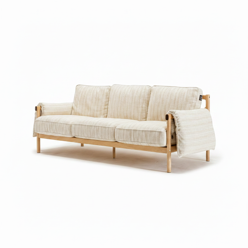 Jovarin Wood Sofa in ivory fabric and wood, right-front 45-degree view