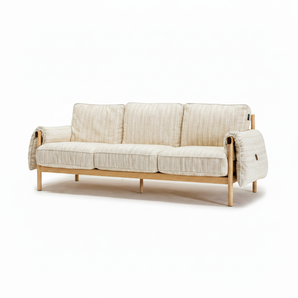 Jovarin Wood Sofa in ivory fabric and wood, wide right-front 45-degree view