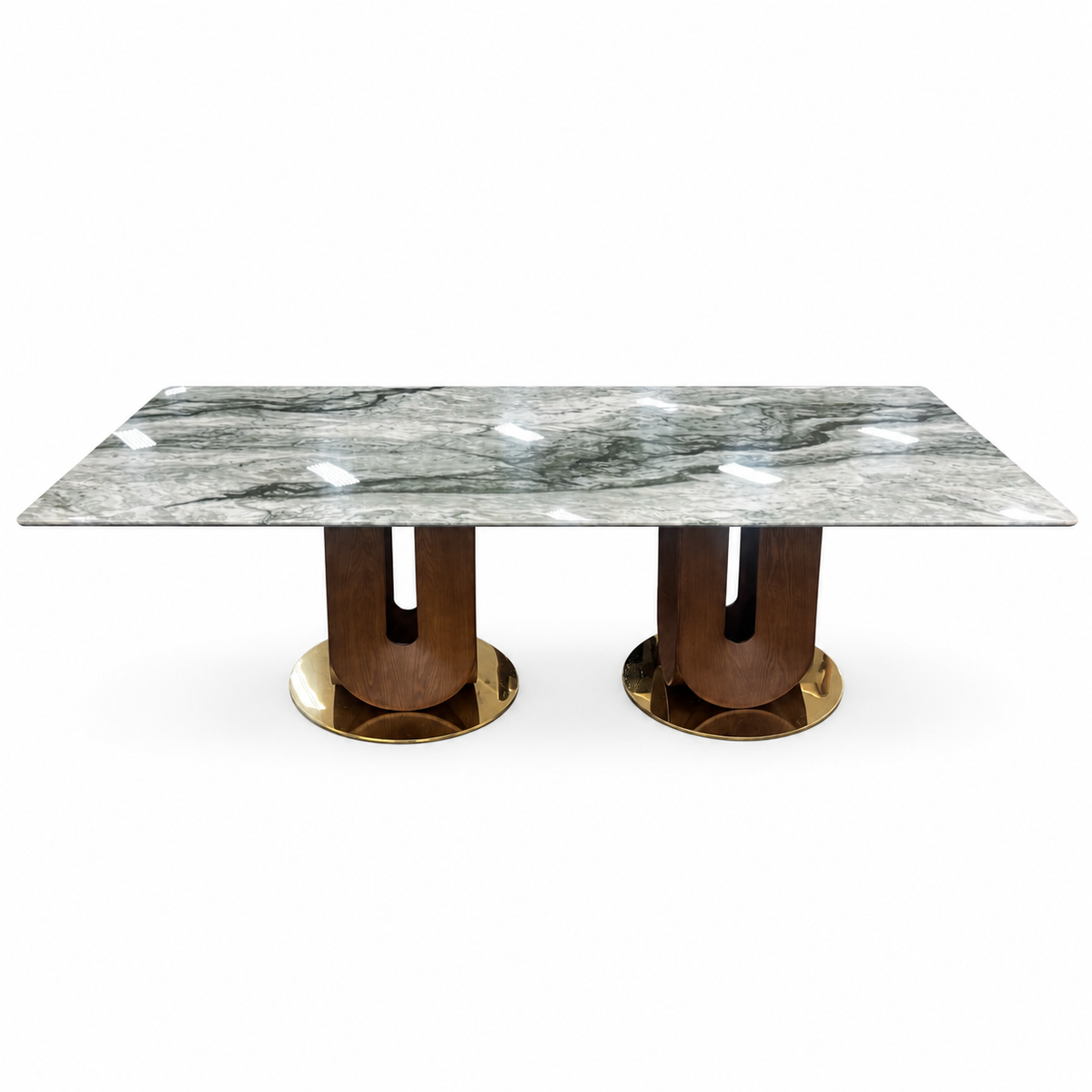 Alternate full view of the Sirmione Marble Dining Table, showing the green-and-white rectangular top and two curved U-slot pedestal assemblies on separate gold-tone circular bases.