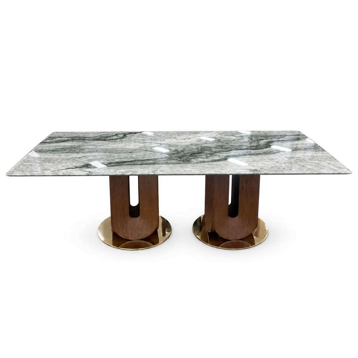 Sirmione Marble Dining Table with a green-and-white rectangular top, twin dark wood-tone U-slot pedestals and separate gold-tone circular bases, full view on white.