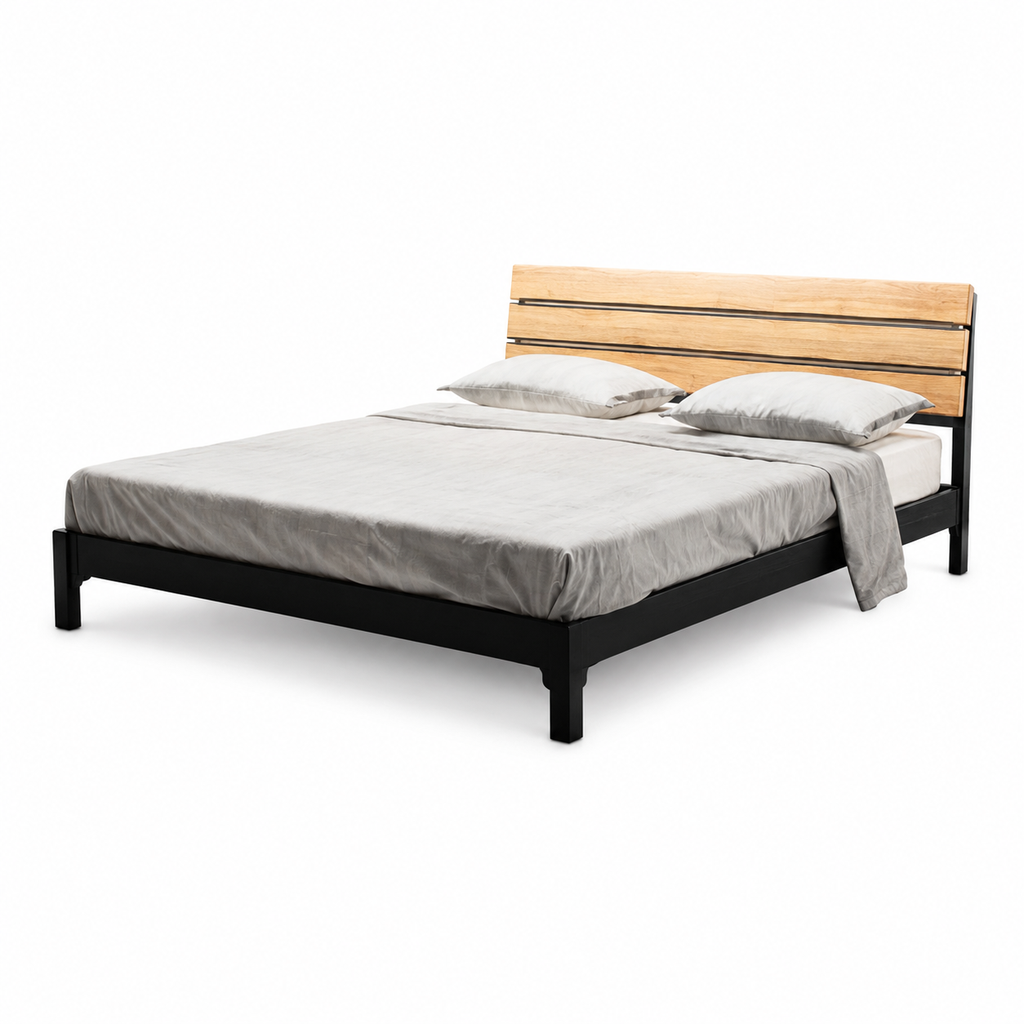 Lavarro Wood Bed three-quarter view with footboard lower left and headboard upper right on a white background