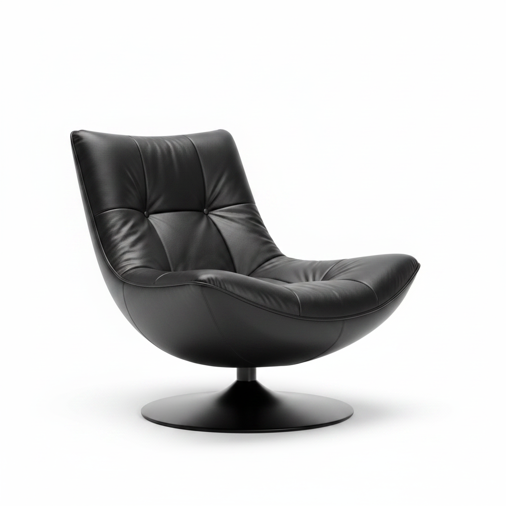 Lorviano Noir Accent Chair with dark upholstery, a curved backrest, and a sculptural base on a white background.