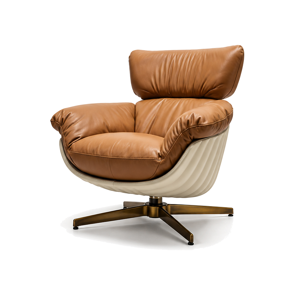 Marcellis Accent Chair with leather upholstery and a bronze base on a white background.