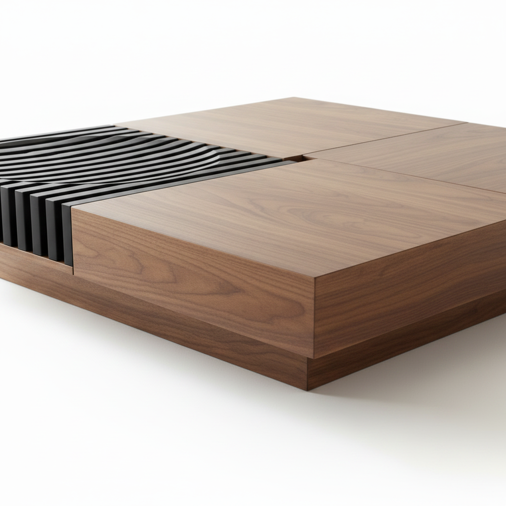 Marovessa coffee table wood edge and black slatted base detail on white