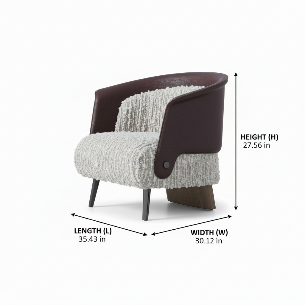 Mavero Accent Chair dimension diagram showing length 35.43 inches, width 30.12 inches, and height 27.56 inches