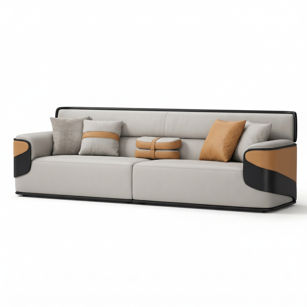 Merenza Sofa in light grey leather, right-front 45-degree studio view