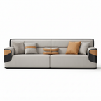 Merenza Sofa in light grey leather, complete front studio view