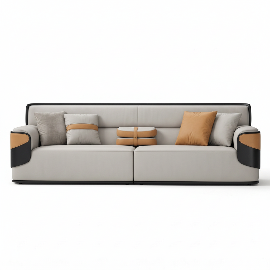 Merenza Sofa in light grey leather, complete front studio view