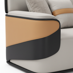Merenza Sofa black and tan leather arm panel detail with curved trim