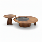 Merovique Walnut Coffee Table nesting set, front view with walnut tops and smoky glass center