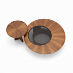 Merovique Walnut Coffee Table nesting set, overhead view of walnut round tops and smoky glass center