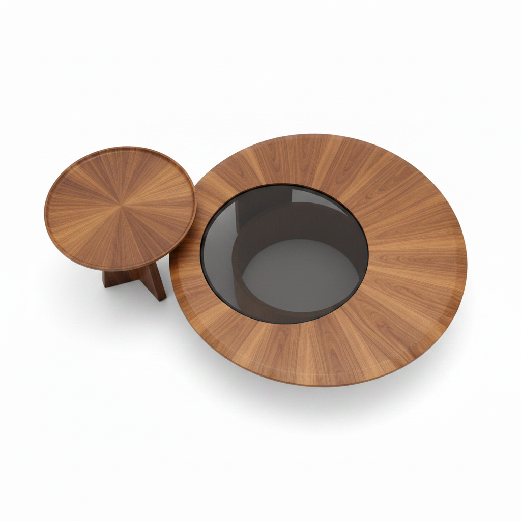 Merovique Walnut Coffee Table nesting set, overhead view of walnut round tops and smoky glass center