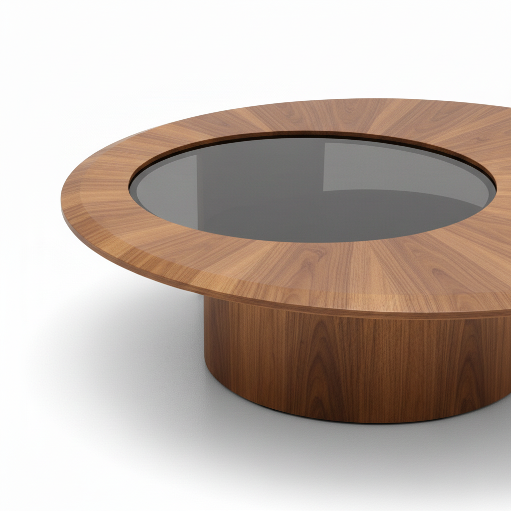 Merovique Walnut Coffee Table detail of circular walnut ring and recessed smoky glass center