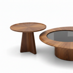 Merovique Walnut Coffee Table detail of smaller round walnut side table and pedestal base