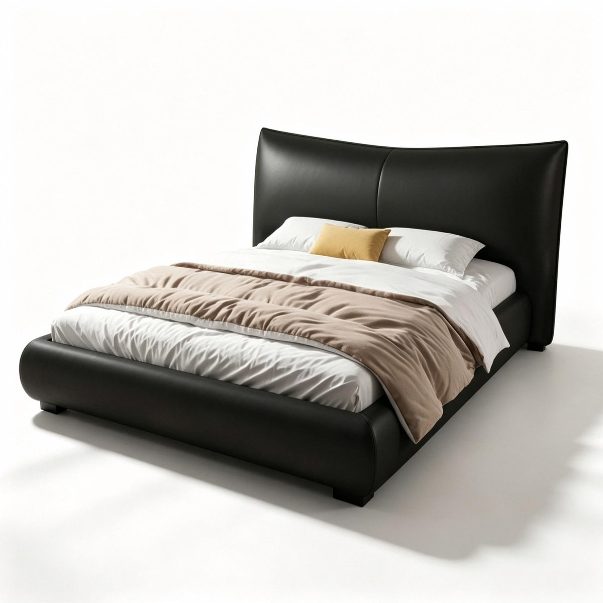 Oberon Bed black upholstered bed with white bedding, beige throw, pillows, and curved headboard on white background