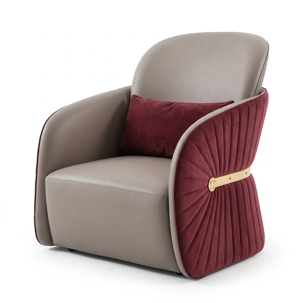Olivane Accent Chair in leather with a solid wood and wood veneer frame on a white background