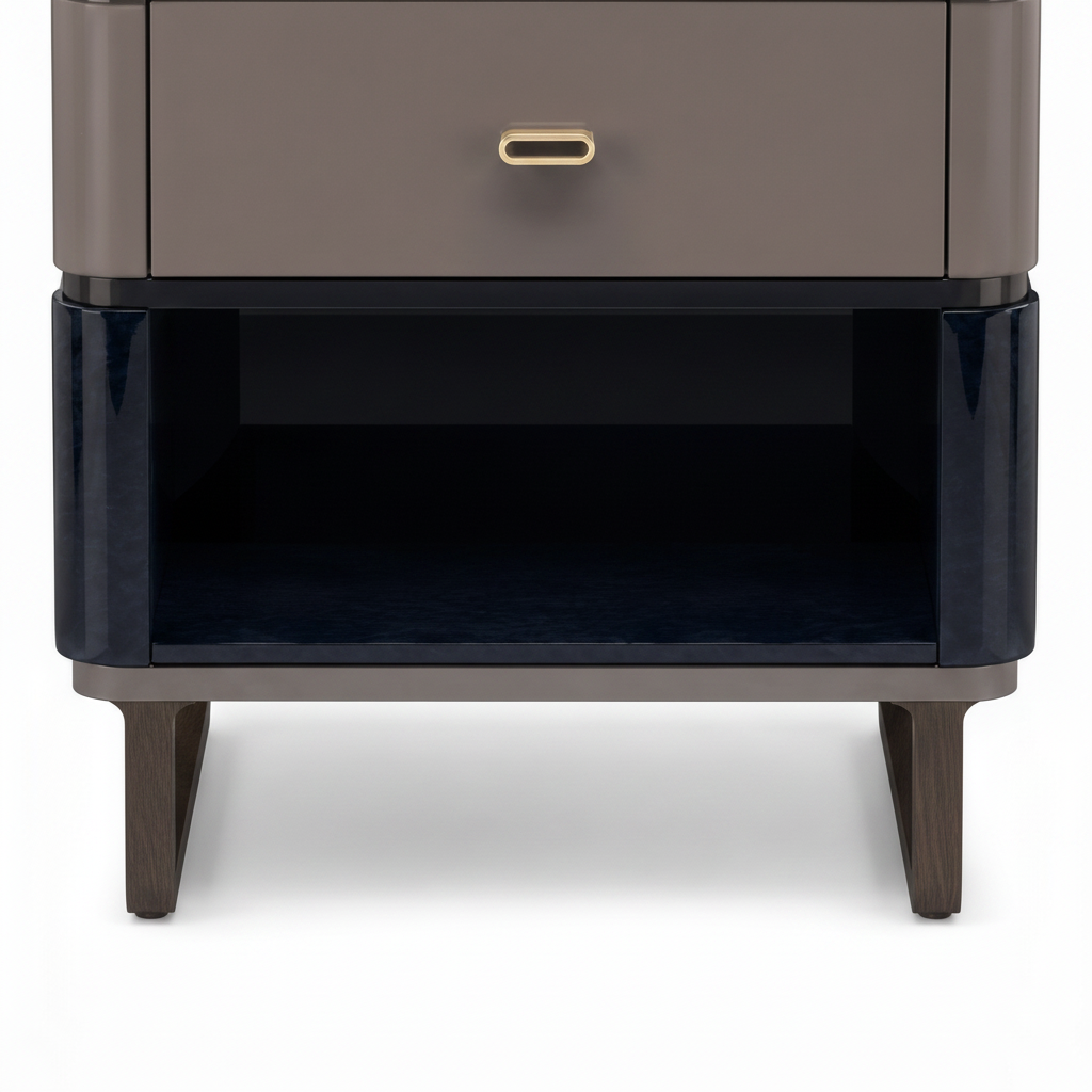 Osseline End Table dark glossy open shelf and tapered wood leg detail