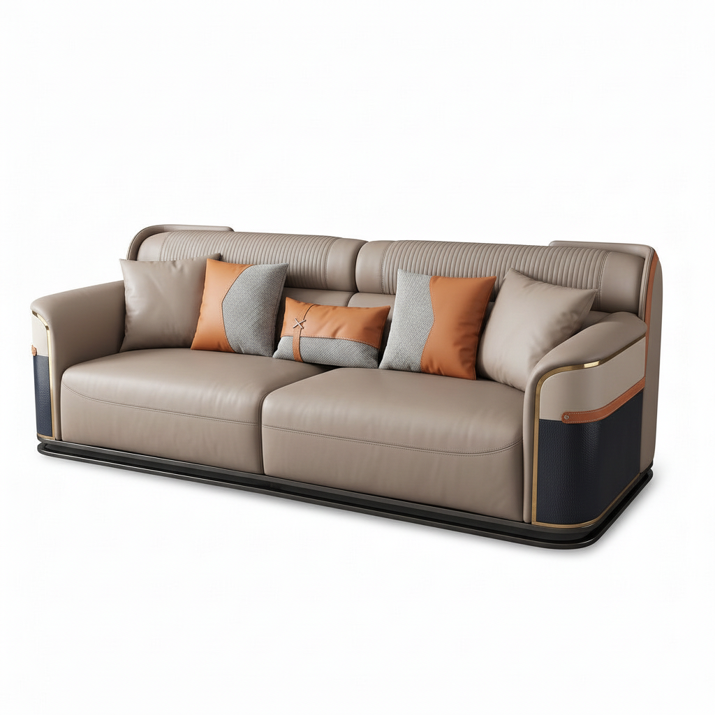 Osseline Sofa in taupe leather, close right-front 45-degree view with right side closest