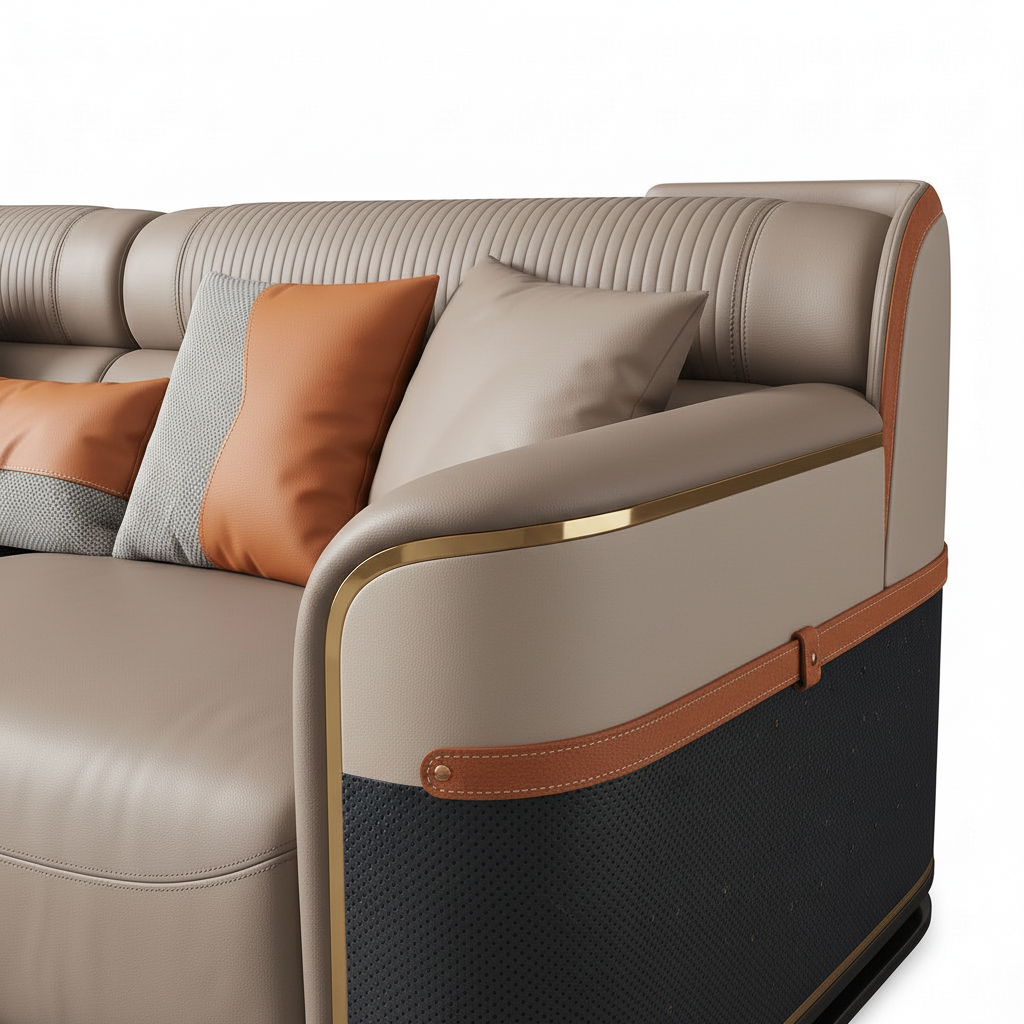 Osseline Sofa right arm detail with gold trim, leather strap and black perforated panel