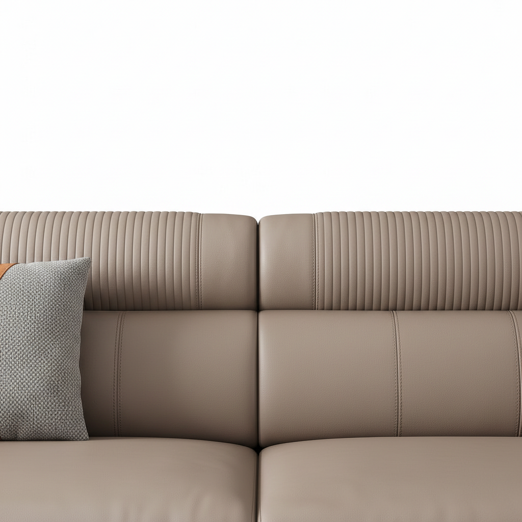 Osseline Sofa taupe leather backrest detail with vertical channel stitching