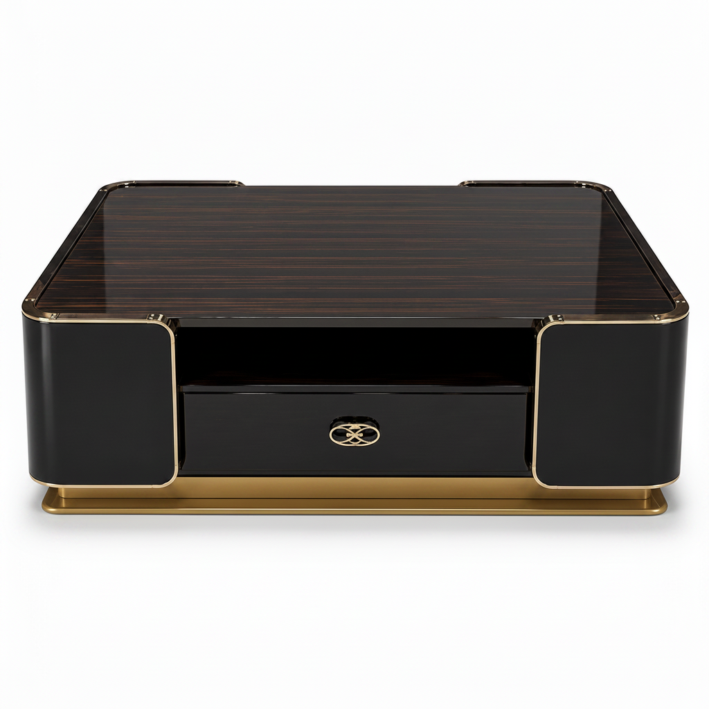 Palisandre Coffee Table in black wood veneer with gold trim, straight front view