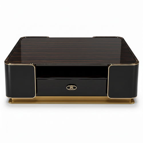 Palisandre Coffee Table in black wood veneer with gold trim, straight front view