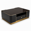 Palisandre Coffee Table in dark wood veneer with gold trim, left-front 45-degree view on white background