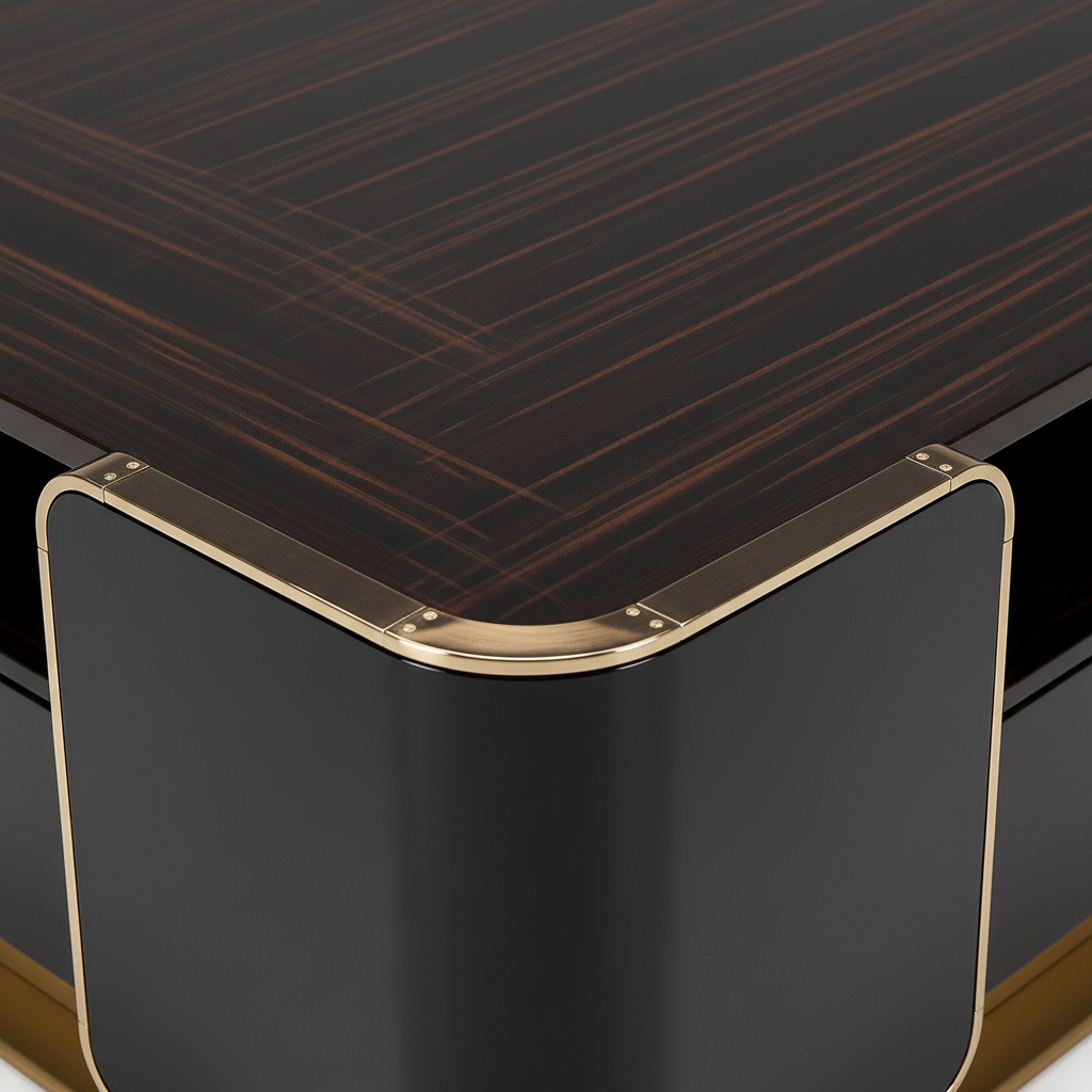 Palisandre Coffee Table wood veneer tabletop, rounded corner and gold trim detail