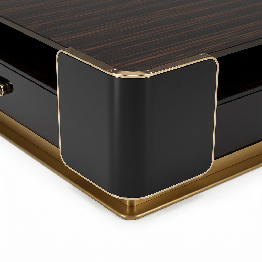 Palisandre Coffee Table rounded support and gold base connection detail