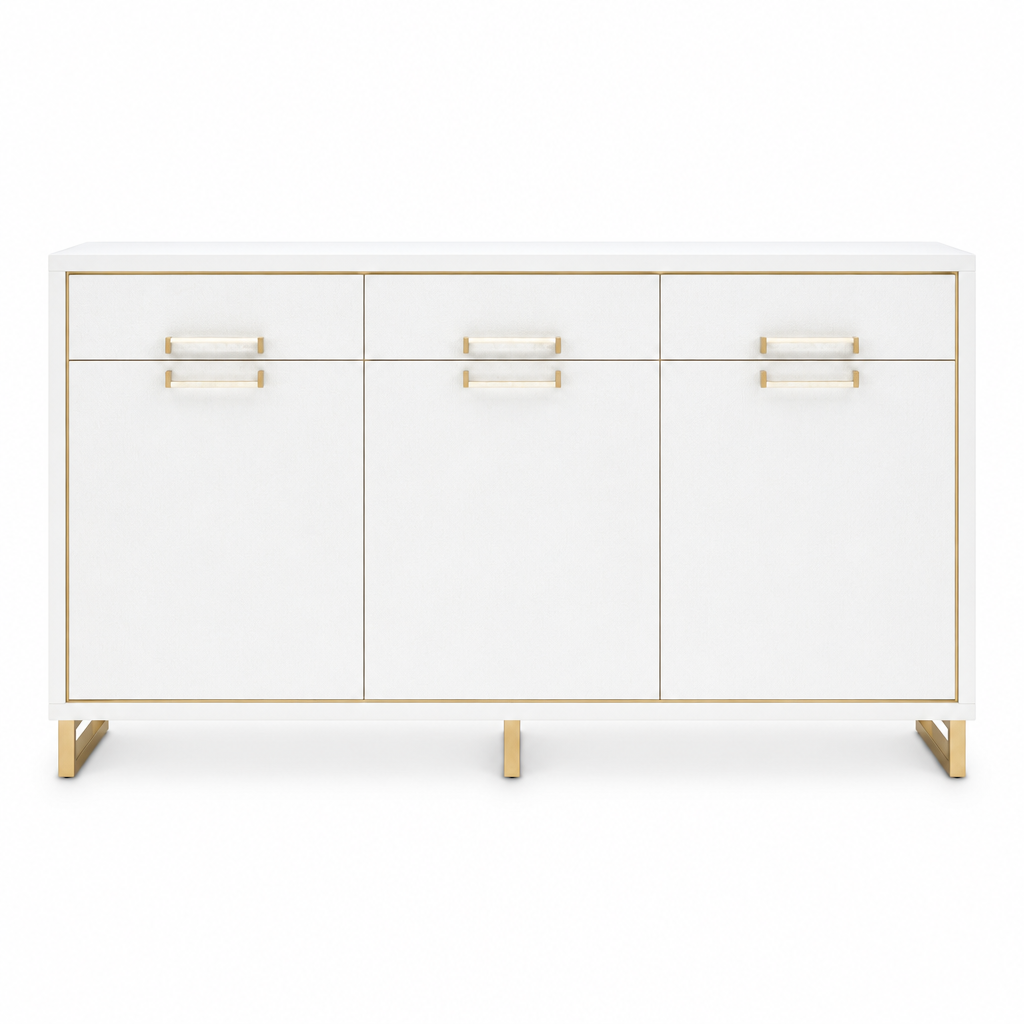 Palm Gate Sideboard front view showing a white cabinet with three upper drawers, three lower doors, gold-accented handles, and gold support feet.