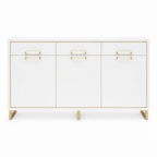 Palm Gate Sideboard front view showing a white cabinet with three upper drawers, three lower doors, gold-accented handles, and gold support feet.